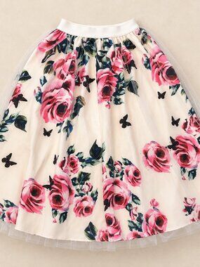 White Pink Rose Floral Butterfly Tulle Skirt